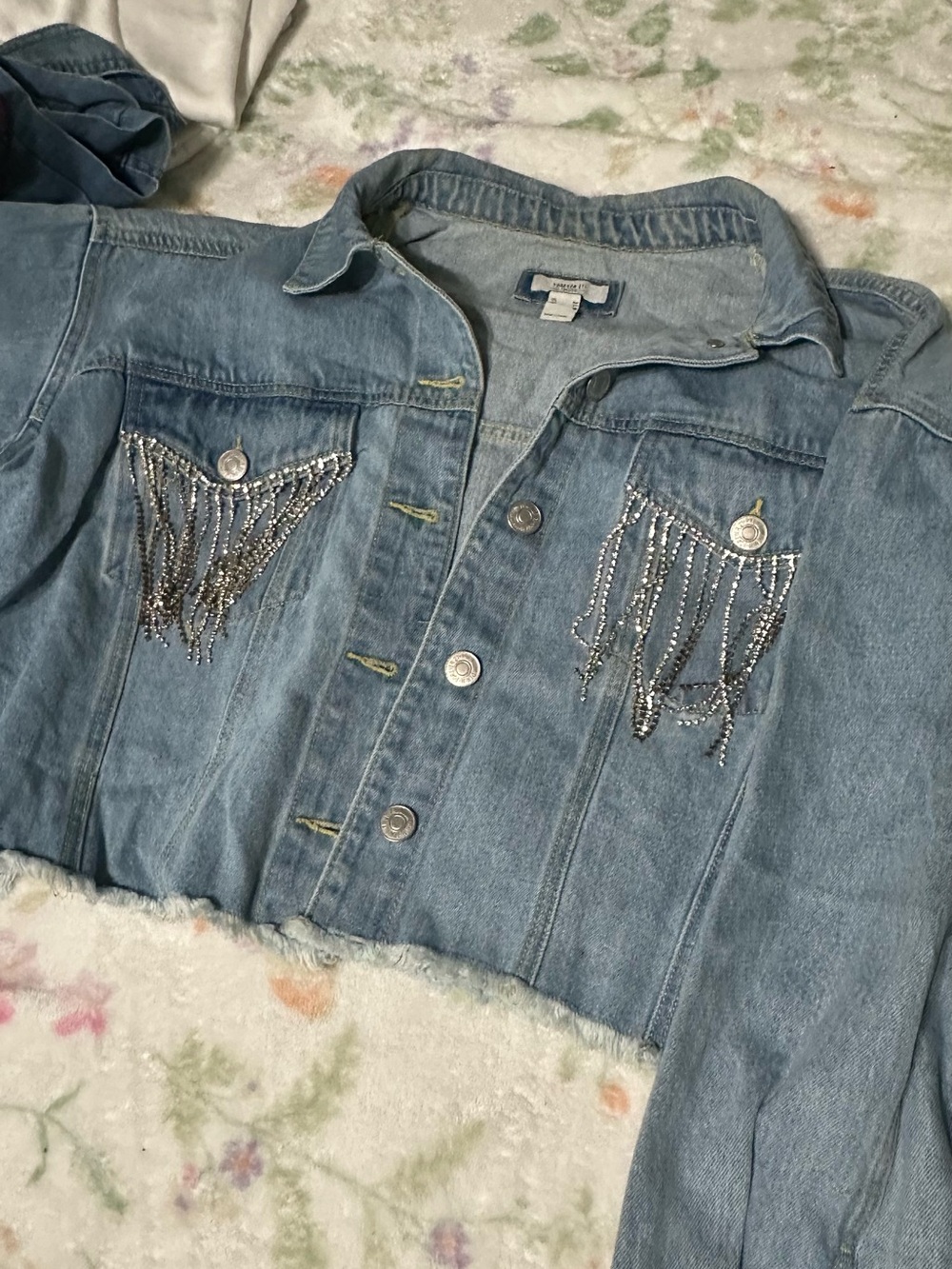 Denim Jacket with Silver Fringe Embellishment - Light Blue